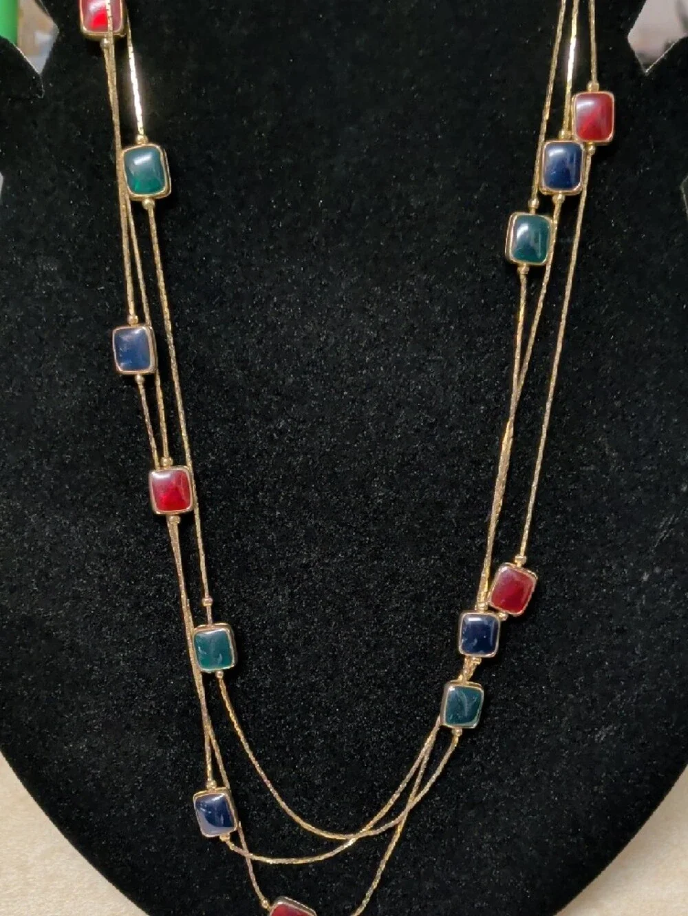 Gold Multi-Stone Long Necklace - Red, Blue & Green